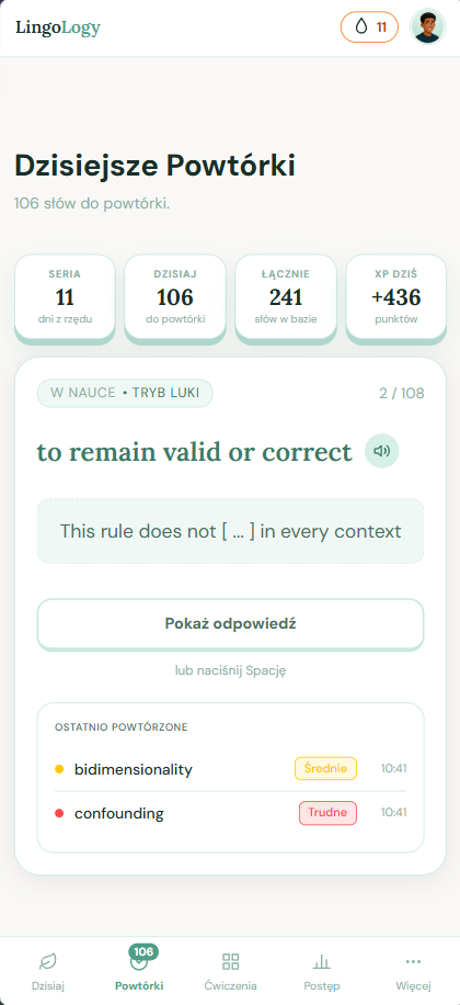 Ekran Dzisiejsze powtórki w LingoLogy App — statystyki, FSRS i tryb luki